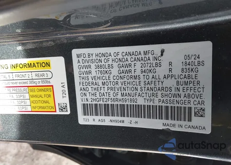 2024 Honda Civic Sport z USA, uszkodzony, nr VIN 2HGFE2F56RH591892